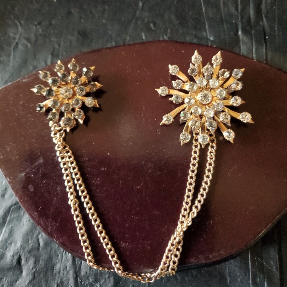 Vintage La Rue Copper Grey to Clear Rhinestones Starburst Sweater / Scarf Pins